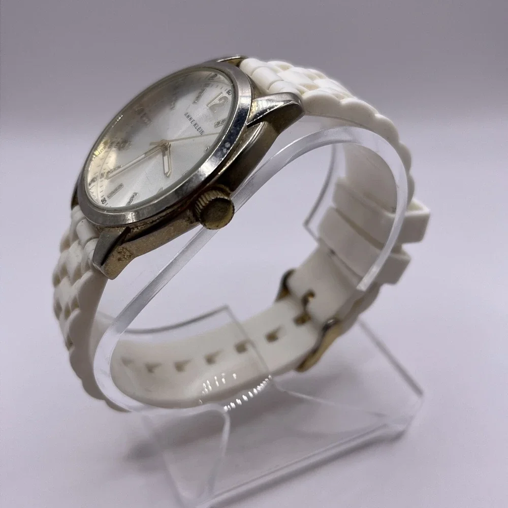 Anne Klein Women's Silver Tone Round Dial White‎ Silicone Band- New Battery!